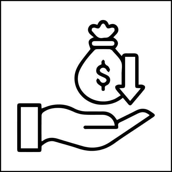 お金の袋と下向き矢印で採用コスト削減を表すアイコン